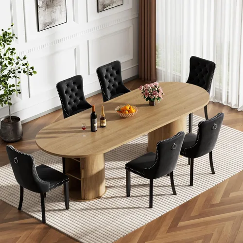 Miniatura 23 de Mesa de comedor redonda extensible con base de almacenamiento, mesa de comedor expandible natural de 63 a 94 pulgadas para 10 personas, mesa