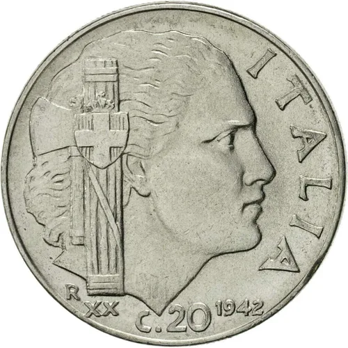 1939-1942 Moneda italiana de la era de Mussolini de la Segunda Guerra Mundial durante el gobierno fascista de 20 centesimi en condición circulada,