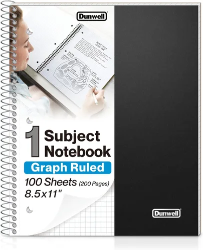 Cuaderno de papel gráfico Dunwell 8.5 x 11 (negro) con cubierta de plástico, 100 hojas (200 páginas), cuadrados 4x4, papel gráfico de 1 materia en
