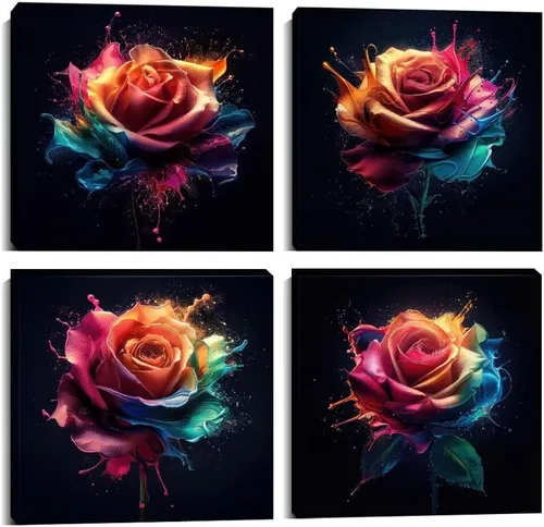 Miniatura 18 de Wall HDQ Arte de pared de flores para baño, dormitorio, sala de estar, decoración de pared azul y naranja, pintura floral, lienzo impreso, imagen