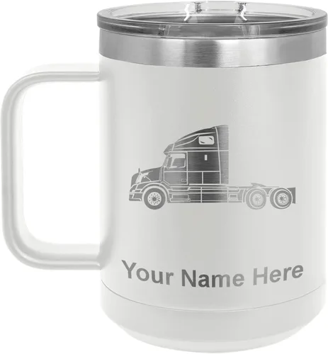 Miniatura 54 de LaserGram Taza de café aislada al vacío de 15 onzas, cabina de camión, grabado personalizado incluido (negro)