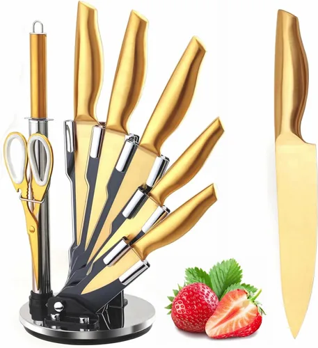 Juego de cuchillos dorados, 8 piezas con revestimiento de titanio dorado apto para lavavajillas, juego de cuchillos de cocina de acero inoxidable