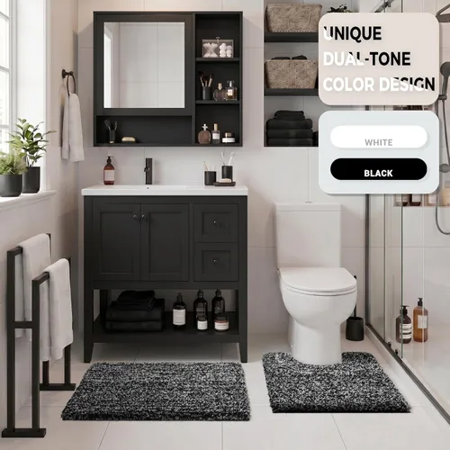 Miniatura 7 de Yimobra Alfombras de baño en negro y blanco antideslizantes lavables, tapetes de baño ultra suaves y absorbentes de agua, alfombra de ducha suave