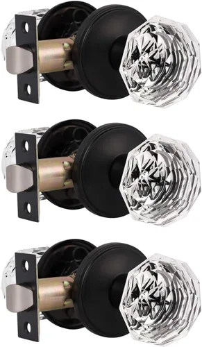 Miniatura 29 de Gobrico Pomo de puerta de cristal para dormitorio y baño con roseta clásica negro mate, diamante transparente octogonal para puerta interior, 1