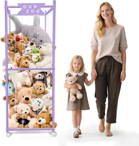Miniatura 10 de Zoológico de almacenamiento de animales de peluche con ruedas, soporte de madera grande para animales de peluche, organizador de juguetes