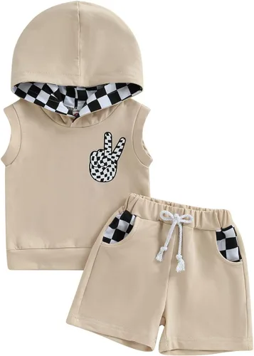 Conjunto de ropa de verano para bebé niño y niño, diseño a cuadros, manga corta, sudadera con capucha y pantalones cortos casuales