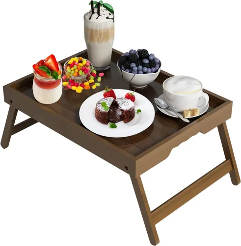 Miniatura 12 de Artmeer Bandeja de cama con patas plegables, desayuno de bambú en la cama para mesa de TV, bandeja de computadora portátil, comer, bandeja