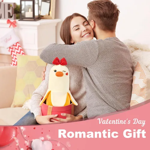Miniatura 4 de PEACH CAT Peluche de pato de plátano con moño, peluche romántico de 12 pulgadas, almohada de felpa para abrazar, regalo de peluche para novia, Arco