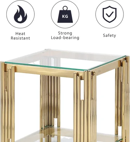 Miniatura 5 de Mesa auxiliar de cristal de 20 pulgadas, mesa de centro dorada para sala de estar, mesa auxiliar ancha de vidrio cuadrada, mesa auxiliar con 2