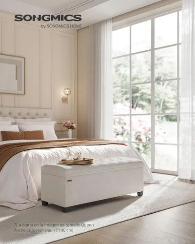 Miniatura 2 de SONGMICS Banco otomano de almacenamiento de terciopelo, reposapiés con patas, 15.7 x 43 x 15.7 pulgadas, banco de extremo de cama, baúl de Blanco