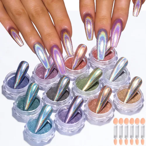 Miniatura 8 de Kit de polvo de uñas cromado, 10 colores dorado, plateado, bronce, efecto espejo metálico, polvo cromado con gel de escultura 3D de 0.35 oz (10 g)