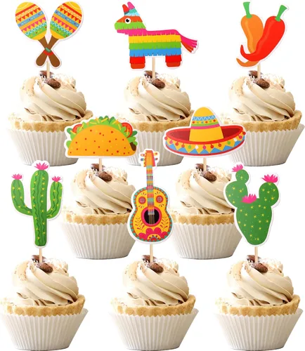 Miniatura 8 de 32 piezas de decoración para cupcakes de fiesta mexicana montados con cactus, burro, maraca, sombrero, guitarra, magdalenas, temática de fiesta