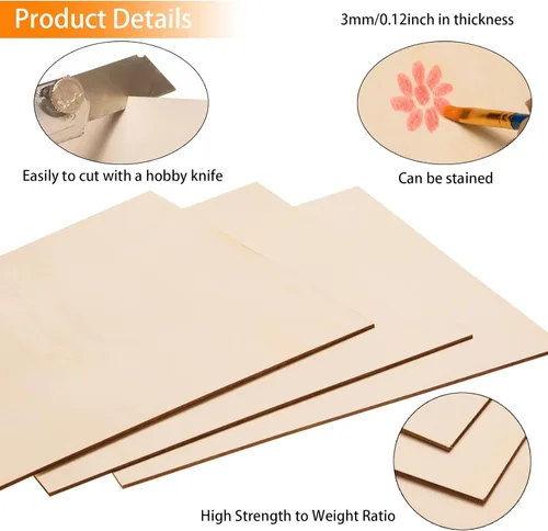 Miniatura 3 de Paquete de 12 hojas de tilo para manualidades - 30,5 x 30,5 x 3 mm - Hojas de madera contrachapada de 3 mm de espesor con superficies lisas - Tablas