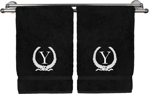 Miniatura 118 de Toalla de mano con monograma, regalo personalizado, 16 x 30 pulgadas, diseño de corona dorada bordada con letra blanca en toalla negra, extra