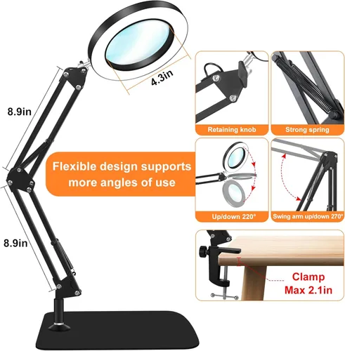 Miniatura 6 de Lupa de 10 veces con luz y soporte, regulador de intensidad ajustable con brazo oscilante 2 en 1, lámpara de escritorio y abrazadera, lupa