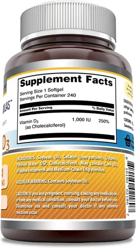 Miniatura 2 de Amazing Formulas Suplemento de vitamina D3 1000 UI 240 cápsulas blandas Sin OMG Sin gluten Fabricado en Estados Unidos