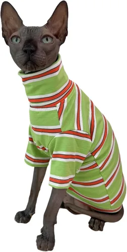 Miniatura 6 de Camisa de algodón con cuello redondo para gatos sin pelo Sphynx de rayas vintage, ropa para mascotas con mangas, camisetas para gatitos para Sphynx