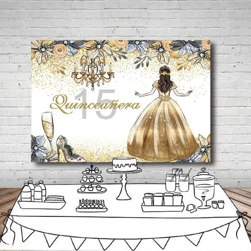 Miniatura 5 de MEHOFOTO - Fondo de cabina de estudio fotográfico de quinceañera de quinceañera con purpurina dorada y plateada floral dulce 15 membrillo niña años