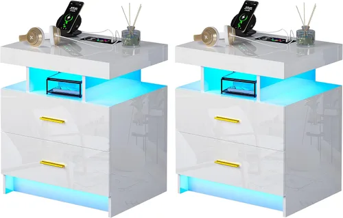 Miniatura 12 de Mesita de noche LED con estación de carga, moderna mesita de noche negra con luz de sensor corporal, mesita de noche con 2 cajones de almacenamiento