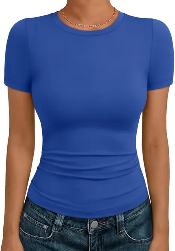 Miniatura 26 de AUTOMET - Camisetas básicas de manga corta para mujer, para verano, entrenamiento o gimnasio, con cuello redondo, ropa moderna estilo Y2K