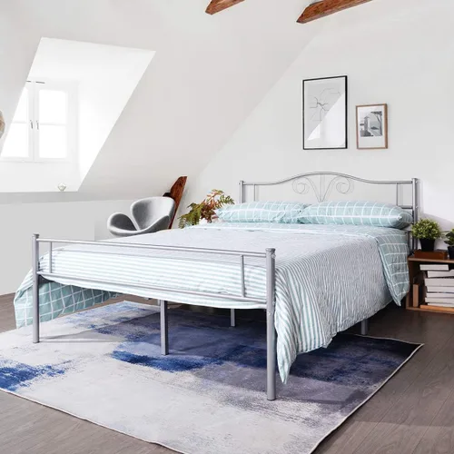 Miniatura 10 de Cabecero de cama de metal resistente para cama individual, estructura de acero, revestimiento de plata, estilo retro, sin necesidad de almacenamiento