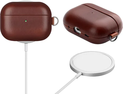 Miniatura 3 de Funda de cuero RIXENY compatible con AirPods Pro 2, botón de sincronización, diseño con clip en D con cordón de mano, funda de cuero genuino