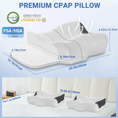 Miniatura 7 de Elviros Almohada CPAP para dormir, HSA/FSA ergonómica de altura ajustable, soporte de cuello de espuma viscoelástica para usuarios de CPAP con apnea