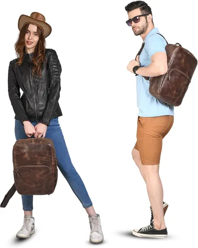 Miniatura 2 de Mochila de cuero hecha a mano para hombres y mujeres, bolsa para laptop de 15.6 pulgadas, cuero genuino, estilo retro, casual, para universidades