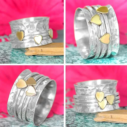 Miniatura 4 de Boho-Magic Anillo giratorio para mujer de plata de ley 925 con corazones de latón y bandas antiestrés