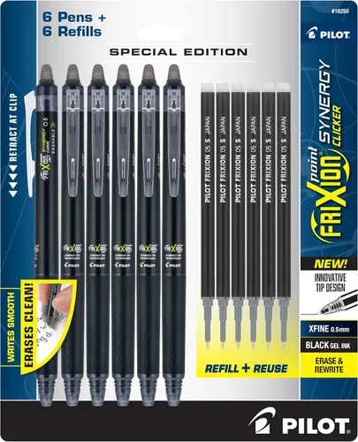 PILOT FriXion Synergy Clicker - Bolígrafos de tinta de gel borrables, recargables, retráctiles, con punta extra fina de 0.5 mm, paquete de 12, Negro