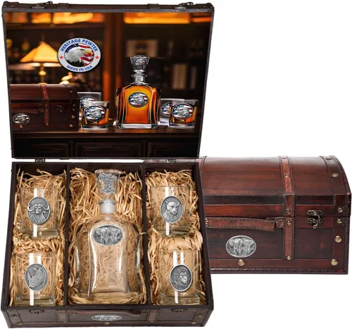 Heritage Pewter Big 5 African Capitol - Juego de decantador de cofre | Vertedor de licor de 24 onzas con 4 vasos dobles antiguos | Vidrio de peltre