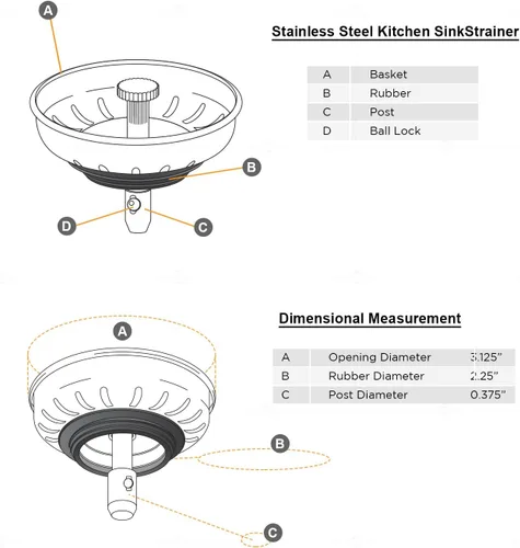 Miniatura 2 de Highcraft 9754JO - Colador de acero inoxidable para fregadero de cocina, repuesto para desagües estándar (3-1/2 pulgadas), tapón de goma con bloqueo