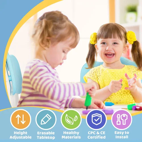 Miniatura 2 de FUNLIO Juego de mesa y 2 sillas para niños, Juego de mesa y silla ajustables en altura para niños de 3 a 8 años, Mesa fácil de limpiar para Azul
