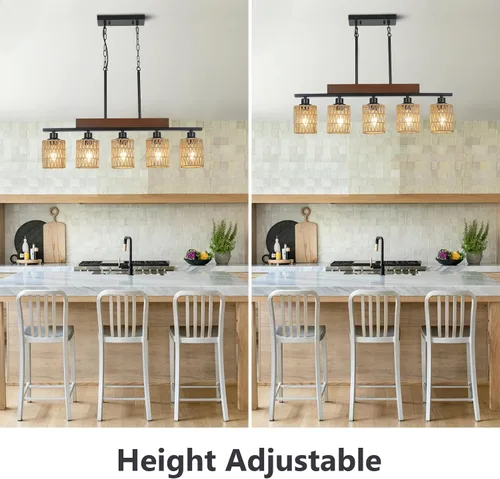 Miniatura 5 de Candelabros de ratán para comedor, iluminación de isla de cocina bohemia, lámpara lineal de 5 luces, lámpara colgante rectangular, candelabros
