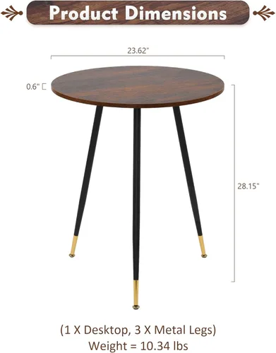 Miniatura 3 de NOBPEINT Mesa auxiliar redonda de madera moderna, mesa auxiliar de 28 pulgadas con 3 patas de metal (marrón)