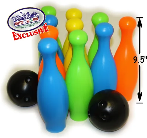 Miniatura 4 de Matty's Toy Stop 10 Pin Multi-Color Juego de bolos de plástico de lujo para los niños con el estante de almacenamiento, 12 Piezas Total