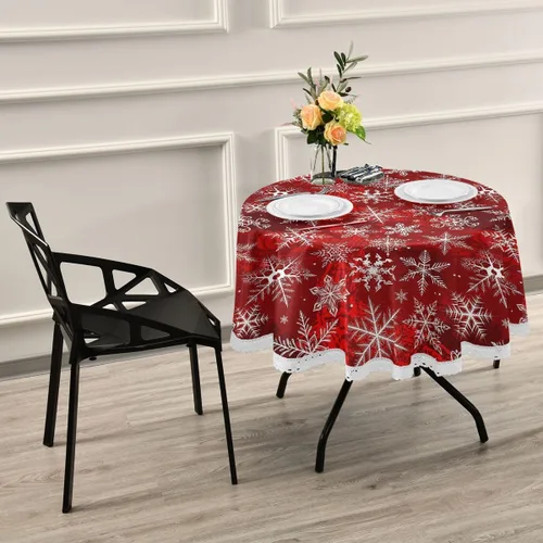 Miniatura 7 de senya Manteles redondos de Navidad, patrón rojo con copos de nieve, flores, mantel decorativo para mesa circular, comedor, decoración para Patrón 4