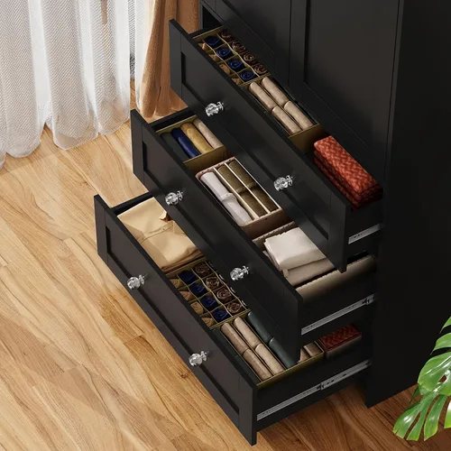 Miniatura 5 de VOWNER Armario Clóset con Cajones y Espejo, Gabinete de Almacenamiento de Ropa de 71" con Barra Colgante, Armario de Dos Puertas de Madera