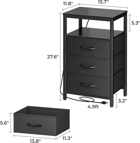 Miniatura 3 de Huuger - Mesita de noche con estación de carga, mesa auxiliar de 27.6 pulgadas con cajones de tela, mesa de noche con puertos USB y tomas de Negro