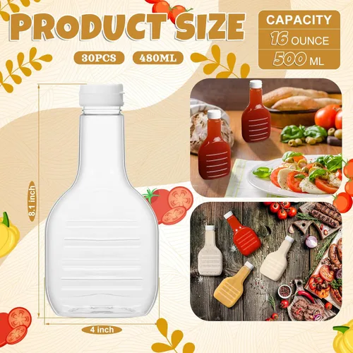 Miniatura 2 de Roshtia Paquete de 30 botellas de plástico transparente de 16 onzas para aderezo para ensaladas, botellas vacías a granel con tapa superior abatible