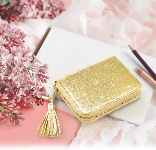 Miniatura 8 de Billetera pequeña para tarjetas de crédito RFID con purpurina linda para mujer
