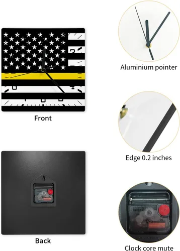 Miniatura 2 de Reloj de pared de madera con bandera de línea amarilla fina, silencioso, sin tictac, bandera estadounidense, rayas amarillas, reloj de pared