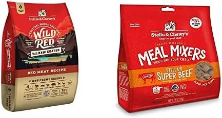 Stella & Chewy's Wild Red Raw Coated Kibble Alimento seco para perros con granos saludables receta de carne roja, bolsa de 21 libras + mezcladores