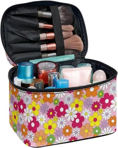 Miniatura 2 de 60S Groovy Hippie Flower Pink Pattern Travel Makeup Bags for Women Portable Tote Cosmetic Case with Carry Handle Toiletry Accessories Storage