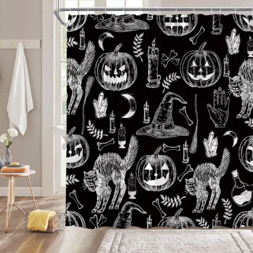 Cortina de ducha espeluznante de Halloween, diseño de gato aterrador, calabaza, mano bruja, luna, calavera, vela, vintage, gótico, vintage,