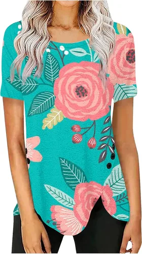 Blusa plisada tipo túnica con estampado floral para mujer, manga corta, transpirable, linda, cuello redondo y fluido