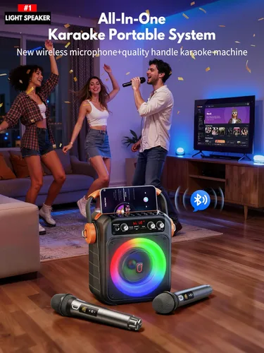 Miniatura 2 de Máquina de karaoke con 2 micrófonos inalámbricos: HWWR Altavoz Bluetooth 5.3 portátil para karaoke con luz, sistema PA para fiesta en casa