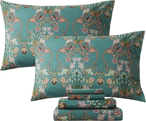 Miniatura 67 de FADFAY Juego de sábanas tamaño King, 100% algodón, elegante ropa de cama de granja con hojas verdes menta y flores blancas, sábana suave