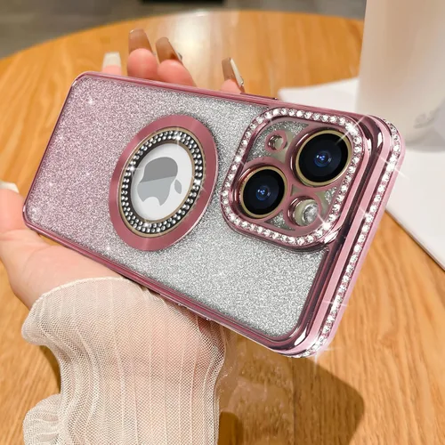 Miniatura 9 de Losin Funda magnética compatible con iPhone 15 Pro Max con purpurina compatible con MagSafe Funda de lujo con diamantes de imitación con logotipo