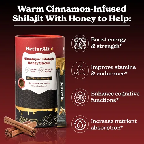 Miniatura 3 de Better Alt Palitos de Miel de Canela Shilajit Puro del Himalaya con Miel Orgánica Shilajit Fácil de Consumir 30 Palitos para Impulso de Energía